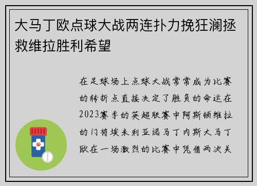 大马丁欧点球大战两连扑力挽狂澜拯救维拉胜利希望