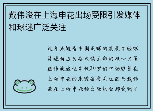 戴伟浚在上海申花出场受限引发媒体和球迷广泛关注